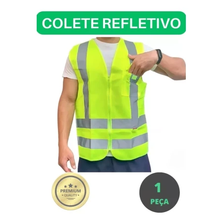 Colete de Segurança com Faixa Refletiva, Bolso e Zíper – Neon