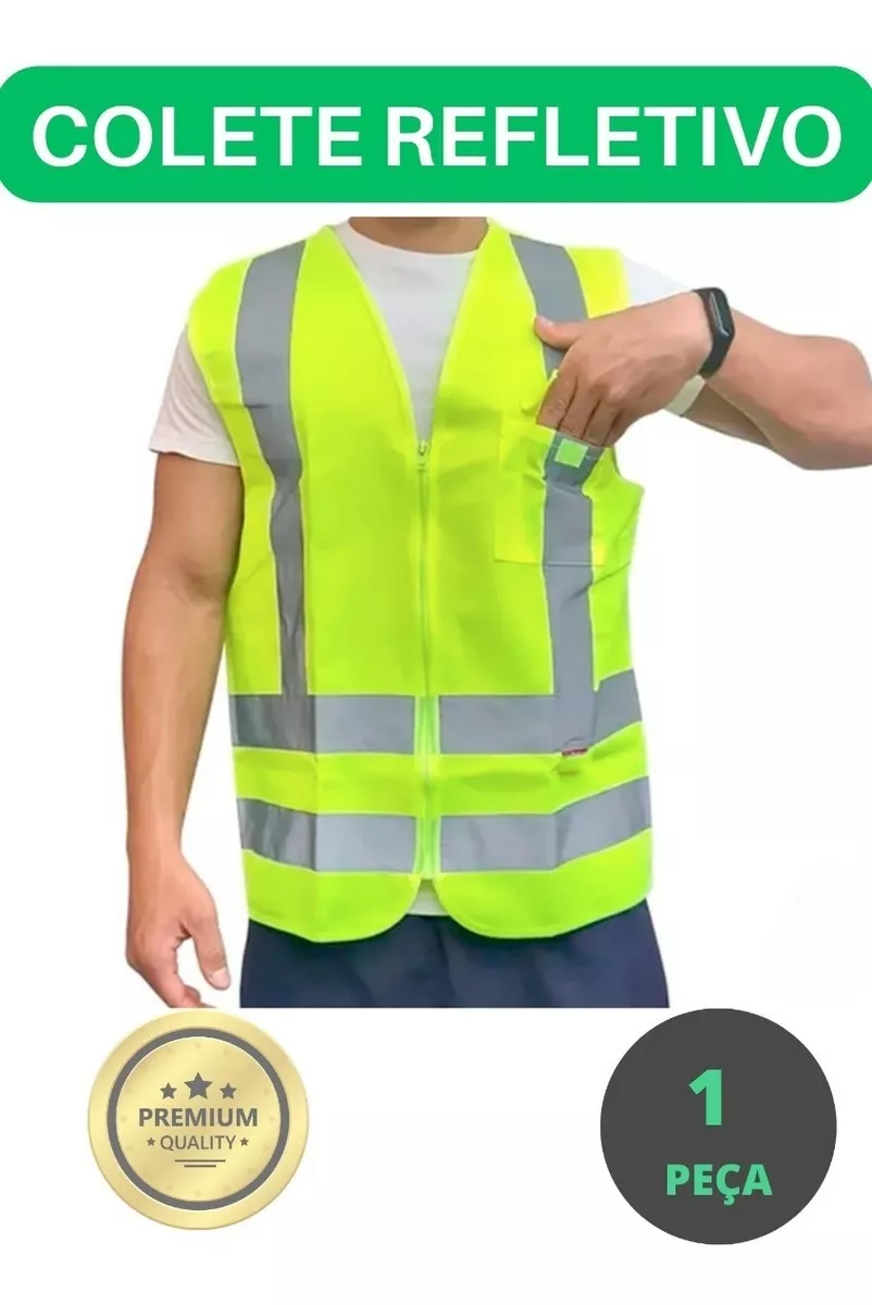 Colete de Segurança com Faixa Refletiva, Bolso e Zíper – Neon
