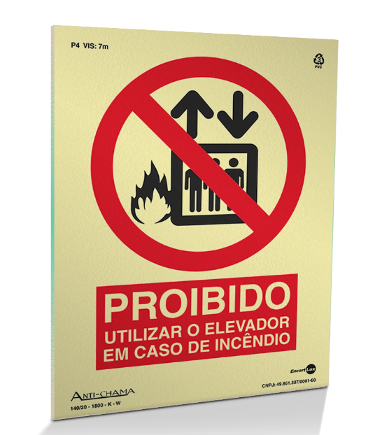 Placa de Sinalização – Proibido Utilizar Elevador em Caso de Incêndio