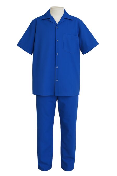 Uniforme Personalizado | Conjunto em Brim – Calça Cós Elástico e Camisa Aberta Manga Curta